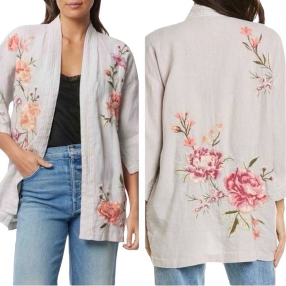 Johnny WasVienna Linen Light Gray Floral Embroidered Kimono Top Size XL NWT